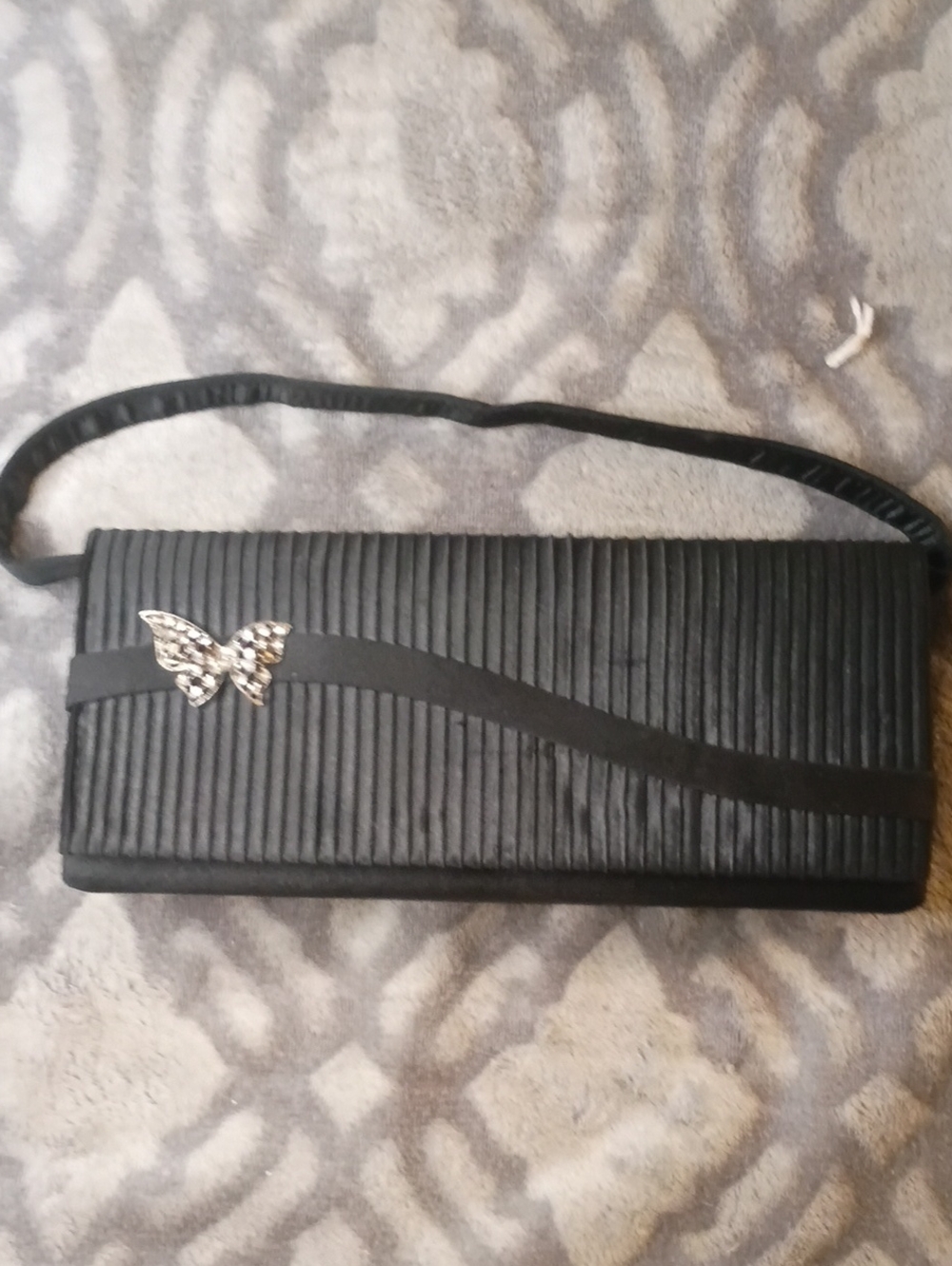 Black Ribbed Evening Clutch with Crystal Butterfly Accent